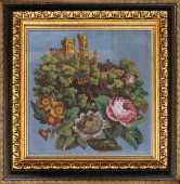 Старинная вышивная картина «Замок на цветущем утесе», бисер, Россия, 19 в. 