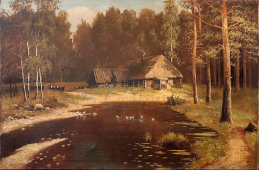 Пейзаж «Избушка в лесу», холст, масло, СССР, 1-я пол. 20 в.